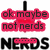 Pixelated text and shapes in red, black, and gray with a red downward arrow and repeated 'NERDS' text.