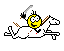 Yellow circular character with black eyes and mouth rides white horse, holding brown whip, in pixelated animation with three distinct poses.