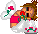 Pixel art animation of a character with brown hair and red eyes holding a pink flower, shown in two frames where the flower's stem changes position.
