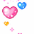 Pixelated heart shapes float above scattered letters on a bright pink background with white sections.
