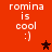 Red background with white text 'romina is cool :)' repeated four times, each with a star symbol in different positions across frames.