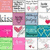 colorful square icons with various designs including hearts, text phrases, and abstract patterns in pink, green, blue, and white