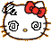 Pixelated white cat face with red bow, black spiral eyes, and yellow nose; left side shows a small black-and-white patterned shape on the head.