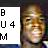Static 48x48 pixel buddy icon featuring a white rectangular panel with black text on the left and a blurred human face on the right, rendered in low-resolution pixel art style.