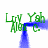 Green text 'Livy Ysh Alex C.' repeats in a pattern over blue vertical and horizontal bars forming an arch shape on white background