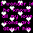 Pixelated text in bright pink on black background with scattered white heart shapes, repeating phrases about love icons.