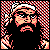 Pixelated static icon of a character with long hair and facial features rendered in red, white, black, and beige tones against a checkered background.
