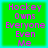Green square with cyan border displays pink text 'Hockey Owns Everyone Even Me' in pixelated font across four