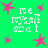 Green background with pink star shapes and white pixelated text reading 'me myself and I' arranged in a pattern