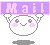 Pixelated character with pink cheeks and gray outline holds purple banner reading 'Mail' against gray background.