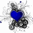 Blue heart with gray ornate swirls and scattered blue dots on white background, animated in