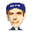 Pixelated portrait of a person wearing a blue cap with white text and a dark jacket over a white shirt against a gray background.