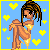 Pixel art animation of a cartoon woman in a bikini adjusting her clothing against a blue background with yellow and pink hearts.