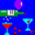 Animated sequence showing a green bottle pouring red liquid into blue martini glasses against a solid blue background with purple balloons.