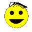 Yellow circular face with black eyes and mouth, brown hair strands on top, red tongue visible in some frames.