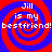 Four identical spiral patterns with red and blue concentric circles, each containing white text reading "Jill is my bestfriend!" in a pixelated font.