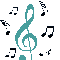 musical note icons with a central treble clef symbol, each in different color schemes and background patterns