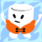 Pixelated cartoon character with white body, orange bow tie, and blue background.