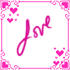 A static image with a white background, pink and purple decorative borders featuring hearts and swirls, and the word 'love' written in cursive script.