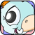 Pixelated cartoon icon of a light blue character with large black eyes and orange accents, featuring rounded shapes and soft pastel colors on a transparent background.