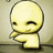 Pixelated yellow cartoon figure with closed eyes and a slight smile, standing with arms crossed against a light brown background.