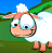 Pixelated cartoon sheep with large white eyes and orange ears stands in a green field under blue sky, one ear flopped down.