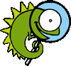 Green chameleon with yellow spikes holds a blue circular object, displaying eye expressions from wide open to horizontal slit