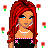 Pixel art contact sheet showing a red-haired female character in various poses with text elements and rose decorations on white background.