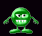 Green cartoon character with rounded body, white teeth, and black eyes in various poses against dark background.