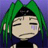 Pixelated 48x48 static buddy icon of a character with green hair, closed eyes, and a neutral expression against a purple background.