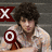Pixelated image of a person with dark curly hair wearing a light-colored shirt, holding a red and white circular object against a gray background.