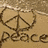 A static image divided into four quadrants showing a peace symbol drawn in sand with 'Peace' text, a neon heart on purple background, a person's face with partial 'house' text overlay, and an empty gray area.