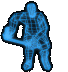 Blue wireframe human figure in various dynamic poses against gray background, rendered with pixelated edges and -like internal lines