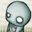 Pixelated character with large white eyes and a rounded head, next to black background with white text.
