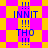 Pixelated text and symbols on a checkered background with alternating pink and yellow squares.