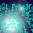 Animated pixel art displays repeating text fragments over a dark blue background with bright light effects, showing motion in the glowing elements.