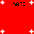 Red background with white plus signs and four instances of the word 'hate' in black pixelated text.