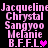 Pixelated pink text lists names over black background with heart symbols changing between frames.