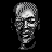 Black-and-white animated contact sheet of a pixelated icon featuring text, a portrait, and a seal-like emblem on a gray background.