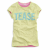 Static image of a light yellow short-sleeve t-shirt with pink trim on the collar and hem, featuring blue text reading "TEASE" across the chest.