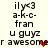 Pixelated text and red heart icon with repeated phrases 'ilyx3', 'a-k-c-', 'fran', 'u guyz', 'r awesomer' on light background.