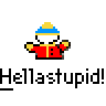 A static contact sheet of a pixel art buddy icon featuring two identical frames with a cartoon character and text, alongside red website branding on a gray background.