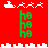 Red background with white pixelated Santa sleighs and reindeer above green "ho ho ho" text, separated by a white cityscape-like border; bottom section mirrors top with slight reindeer count variation.