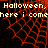 Halloween-themed pixel art with red web pattern background and repeated text 'Halloween, here i come' in light-colored blocky font.