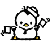 Two pixelated penguin figures face each other against a gray background, one holding a flag in its left hand and the other in its right hand.