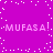 Purple background with white pixelated dots and repeated "MUFASA!" text in light purple.