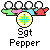 Pixel art icon shows four figures with white circular heads and colored bodies above a central yellow cross symbol, with text 'Sgt Pepper' below on gray background.