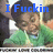 A person in a green shirt with blue text overlays reading "I Fuckin Love Coloring" across three