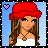 Pixel art icon of a woman with long brown hair wearing a red beret, white top, and necklace with orange pendant against light blue background with purple heart symbol in corner.