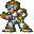 Pixelated character in multiple poses with color variations, including silver armor with orange accents and blue armor variants, arranged in a